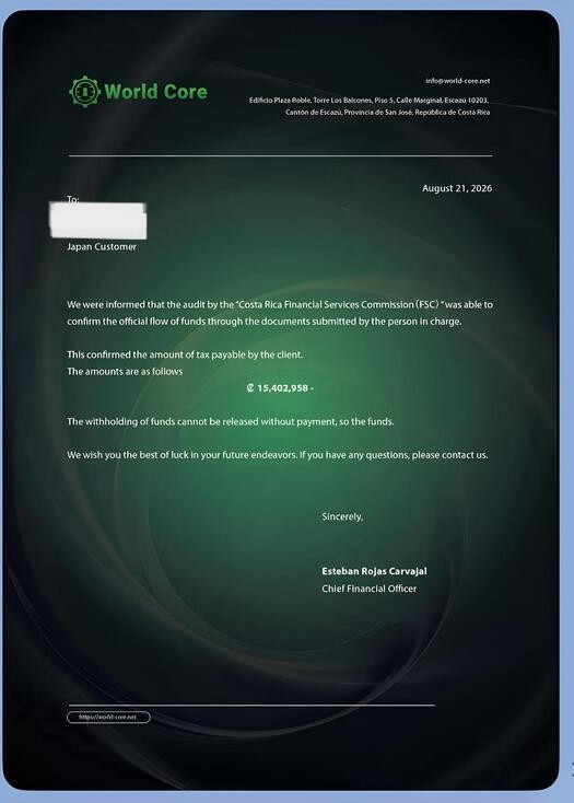 World Core（world-core.net／ワールドコア） 詐欺サイト Costa Rica Financial Services Commission（FSC）