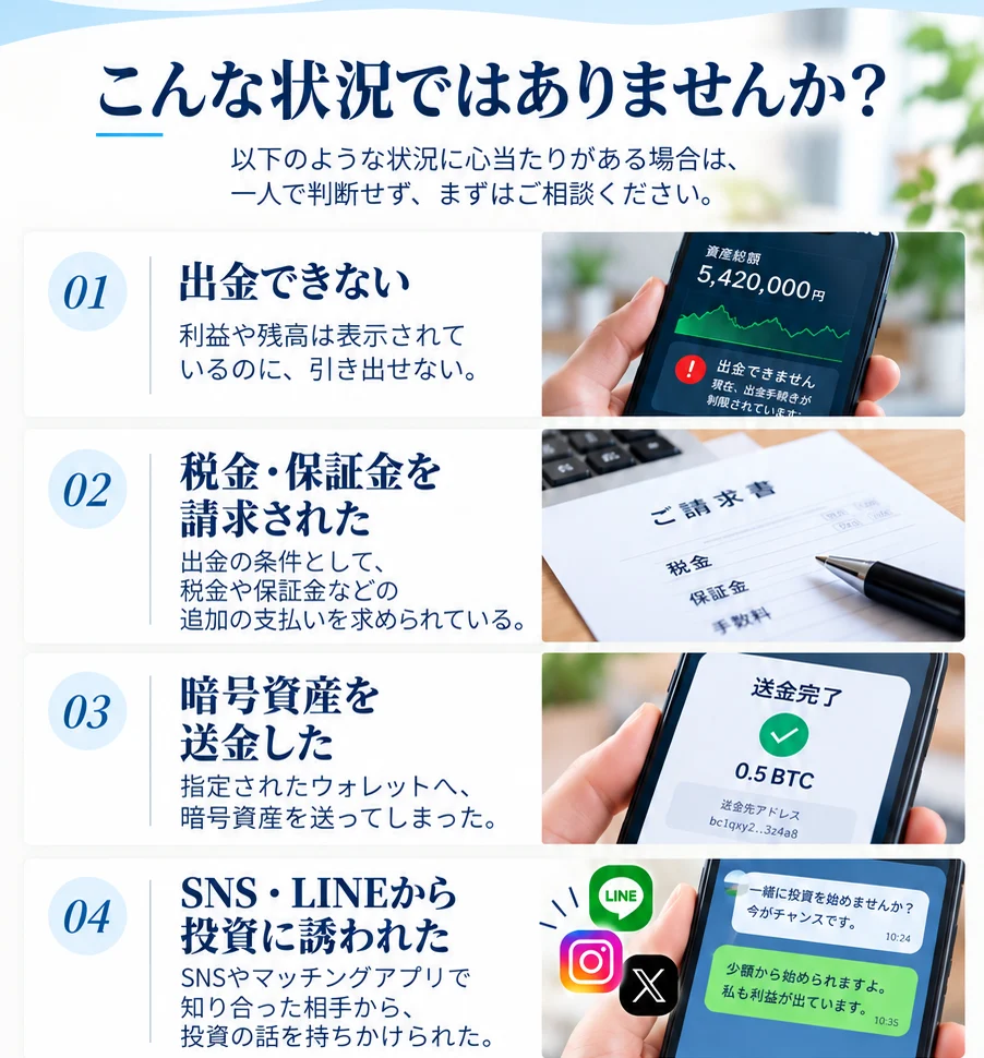 出金できない、税金保証金の請求、暗号資産送金、SNSやLINEからの投資勧誘の4つの状況