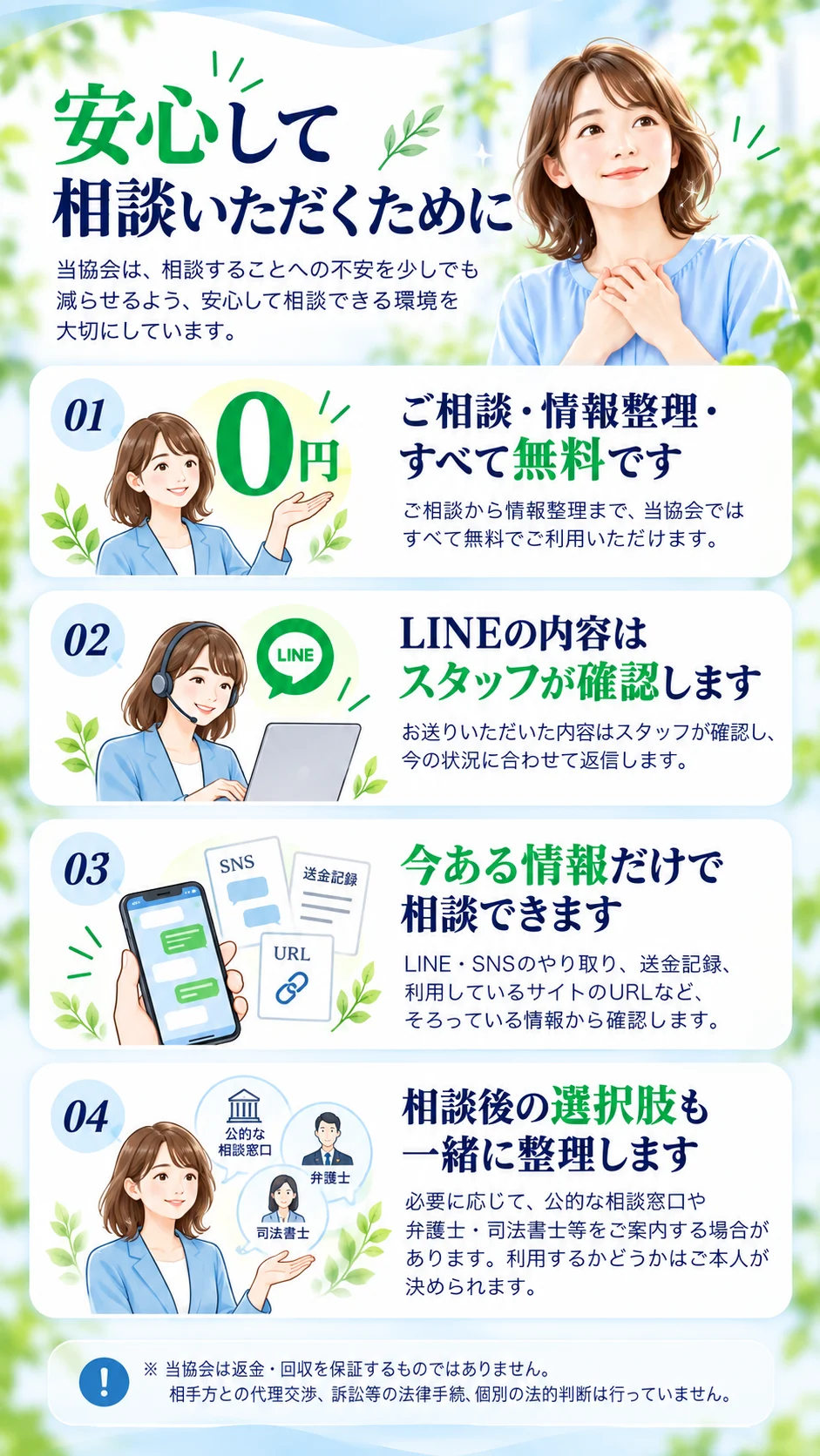 相談無料、スタッフ確認、今ある情報で相談、相談後の選択肢の案内