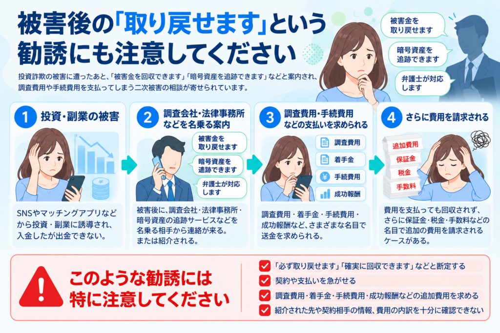 投資や副業の被害後に被害金回収や暗号資産追跡をうたう勧誘を受け、調査費用や手続費用などの追加請求につながる流れを示す図解