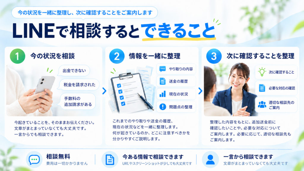 LINE相談で今の状況を相談し、情報を一緒に整理し、次に確認することを整理する流れ